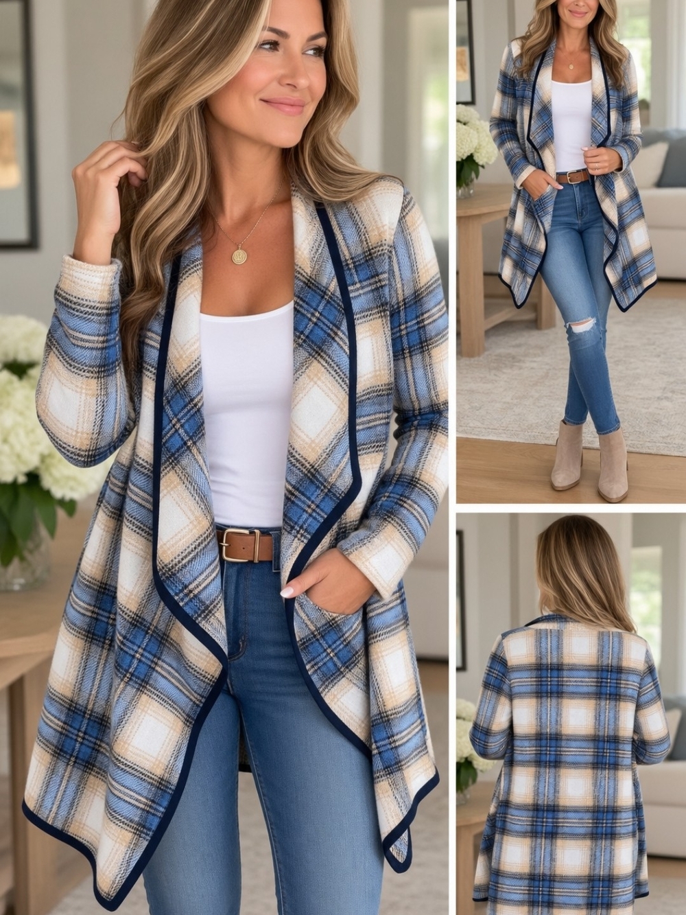 Blue & Cream Plaid Open-Front Cardigan Shrug
